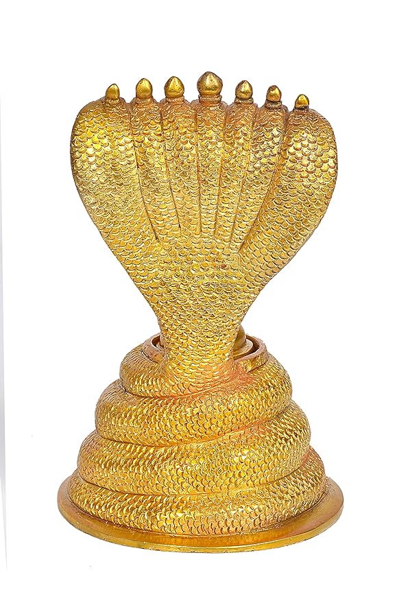 5 Five Mukha Linga Protected by Seven Hooded Serpent in Brass Gold, Height 8 Inch