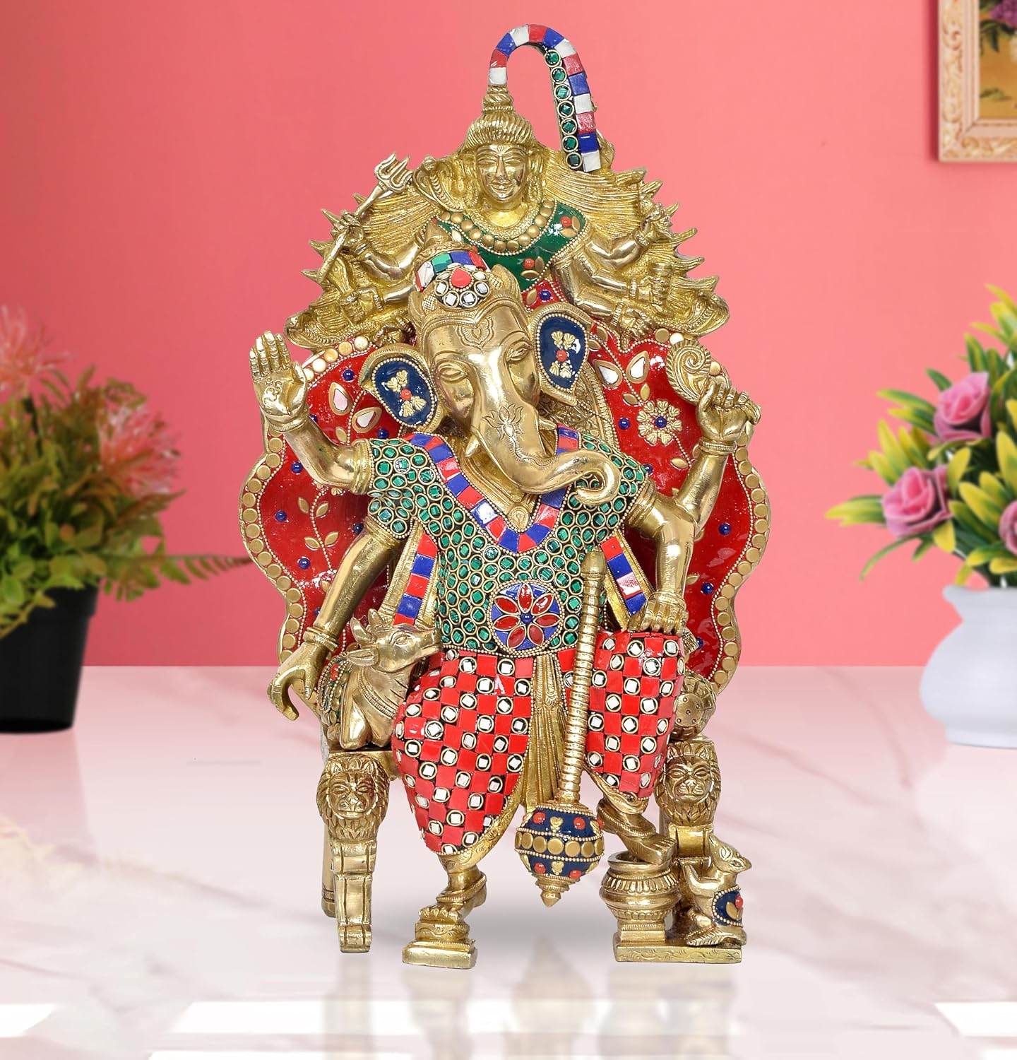 Brass Lord Ganesha Idol Sitting Ganesh Statue Decorative Sculpture for Home Decor Office Mandir Pooja Temple (Height 16 Inch) (Multicolor)