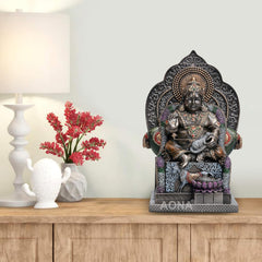 AONA Resin Lord Kuber Idol, dark resin finish, ornate seated deity with arch backdrop (5.5 in).