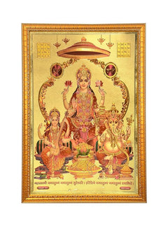 Lakshmi-Ganesha-Saraswati gold foil framed wall poster with detailed deity figures