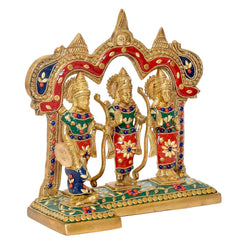 Brass ram darbar idol with raised hands, colorful outfits and detailed arch backdrop