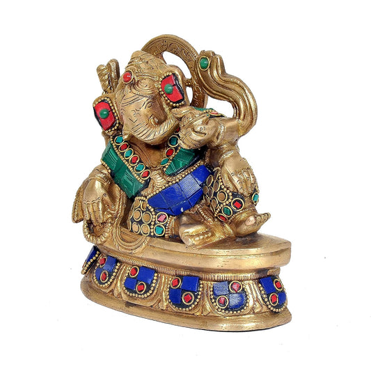 Ganesh Eating Ladoo on Asan Multicolor Brass Statue for Puja and Showpiece (Height: 5 Inches)