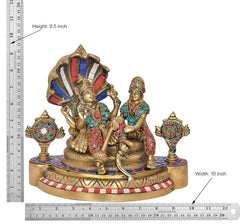 Brass multicolor Lakshmi and Vishnu on Sheshnag idol statue, height 9.5 inch