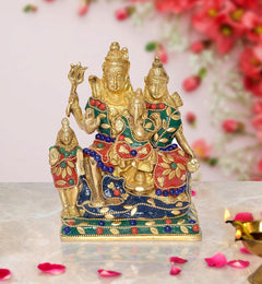 Brass Shiv Parivar idol with golden Shiva and family, colorful beaded robes