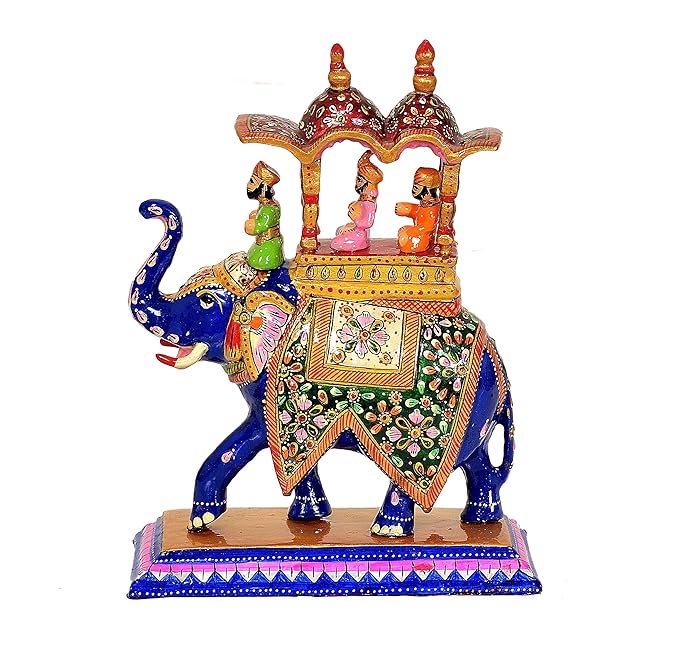 Hand-painted wooden elephant figurine with ornate two-seat howdah, 10-inch height