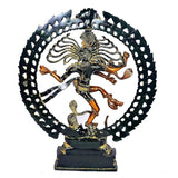 Brass Nataraja Shiva showpiece, black-gold circular frame around dancing deity