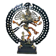 Brass Nataraja Shiva showpiece, black-gold circular frame around dancing deity