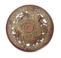 Round ornate brass tray with detailed horse motif, red-brown rim and gold engraving
