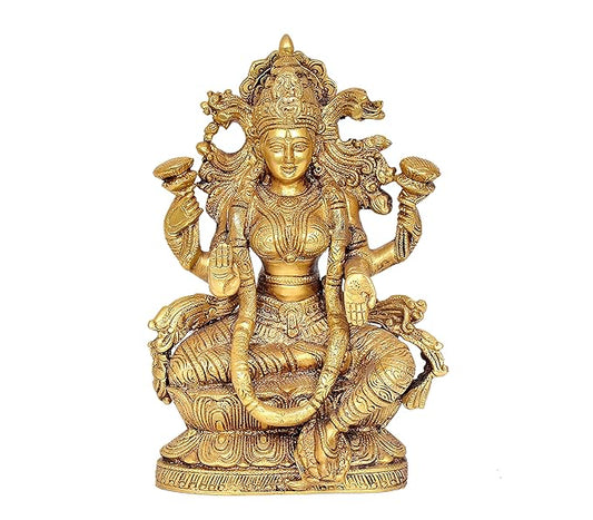 Lord Lakshmi Idol Figurine Maa Lakshmi Showpiece Home Office Temple Golden in Brass (Height: 9.5 Inches)