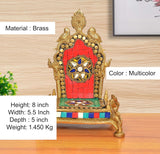 Brass pooja chowki, multicolor design, 8-inch height, gold deity figure and red panel