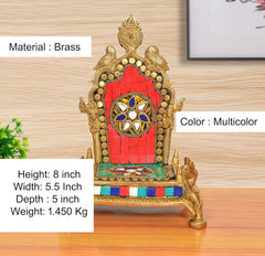 Brass pooja chowki, multicolor design, 8-inch height, gold deity figure and red panel