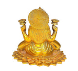 Golden brass Lakshmi idol statue with flared halo, seated on lotus base