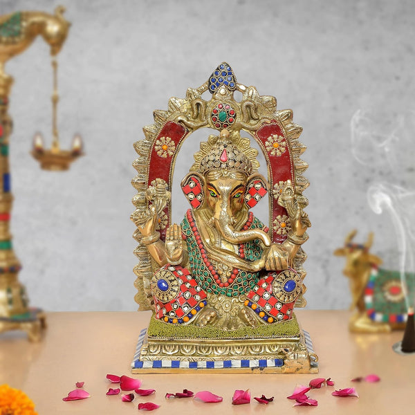 Brass Handcrafted Ganpati Bappa Murti (Height 12 Inch) (Multicolor 1)