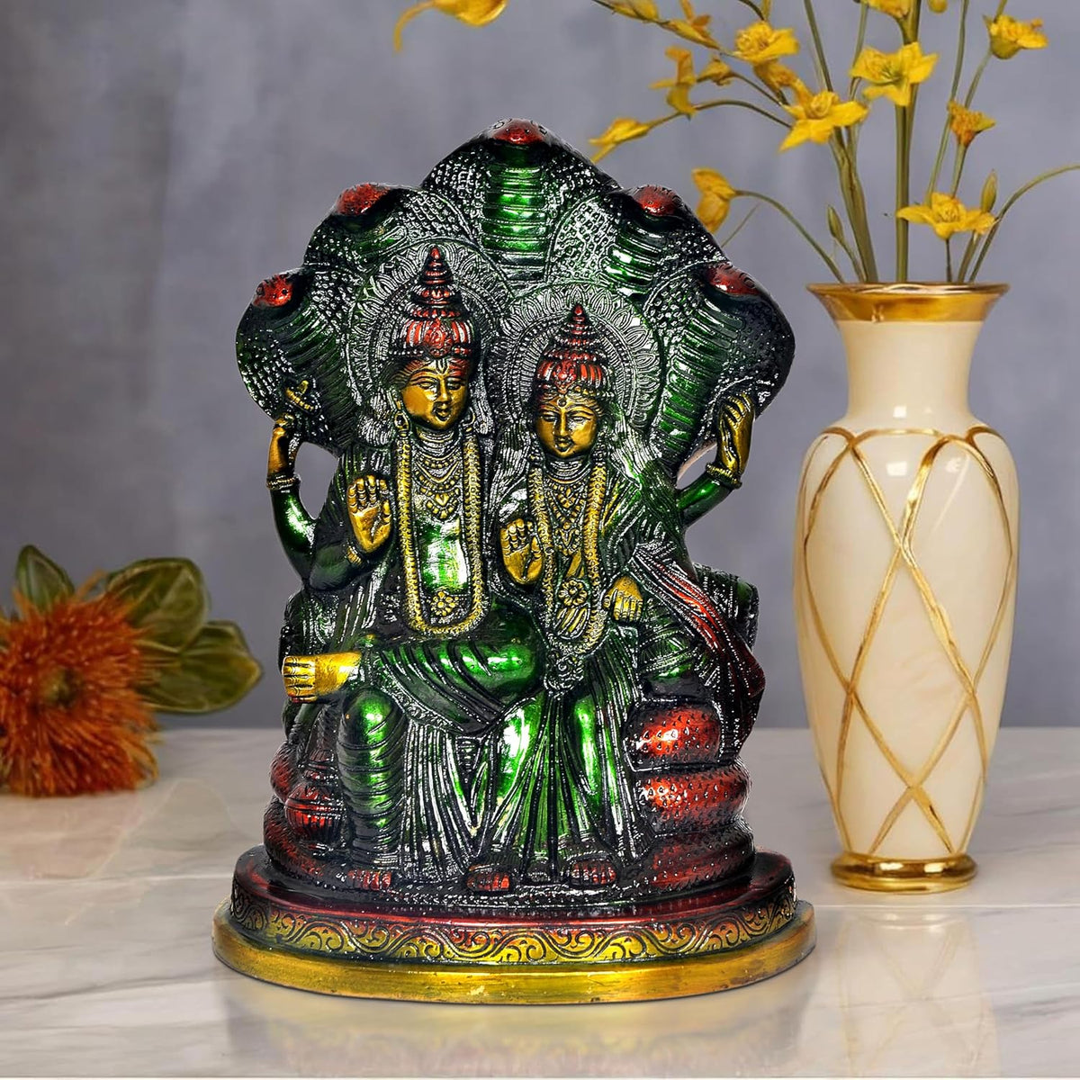 Multicolor brass Lakshmi and Vishnu on Sheshnag idol statue for puja temple, 9 inch