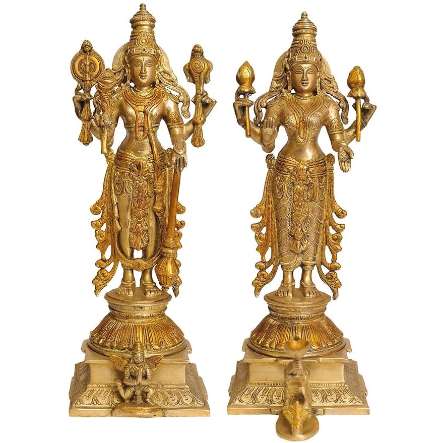 Lord Vishnu and Maa Lakshmi Decorative Idol Statue - (Brass, Height 15")