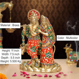 Radha-Krishna Messingfigur mit Kuh, 11" hoch, mehrfarbig verzierte Gewänder