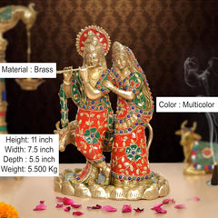 Radha-Krishna Messingfigur mit Kuh, 11" hoch, mehrfarbig verzierte Gewänder