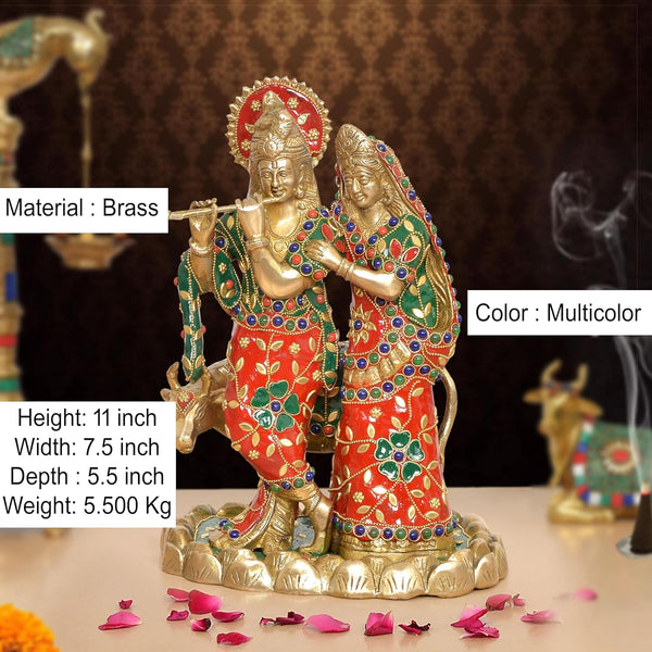 Brass Radha Krishna with Cow Idol (Height 11 Inch) Entryway Setting