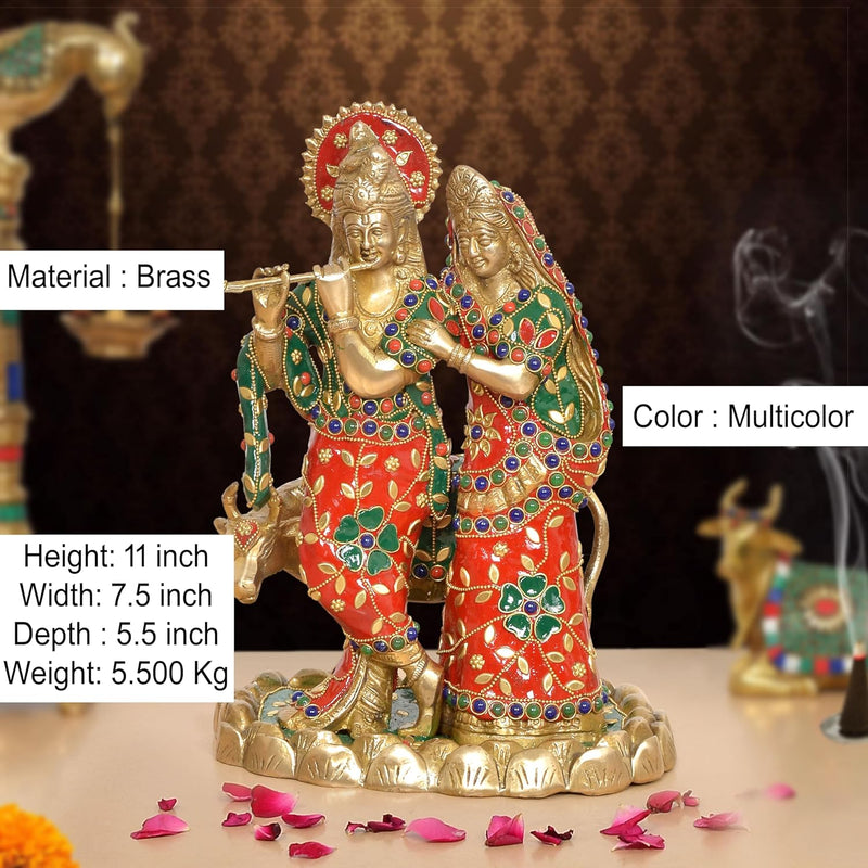 Brass Radha Krishna with Cow Idol (Height 11 Inch)