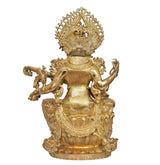 Brass Maa Saraswati statue back view, large halo headpiece, sculpted pedestal