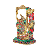 Radha Krishna on Jhula: multicolor brass figurines, raised hands inside arched swing frame