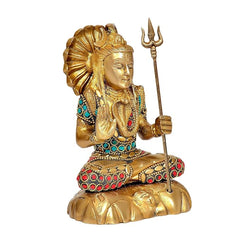 Brass Shiva statue idol holding trident, gold finish with turquoise bands and red circles