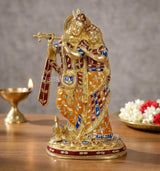 Brass Radha-Krishna standing idol, peacock-flute pose, multicolour painted robes
