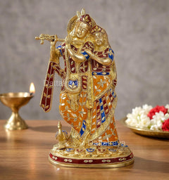 Brass Radha-Krishna standing idol, peacock-flute pose, multicolour painted robes