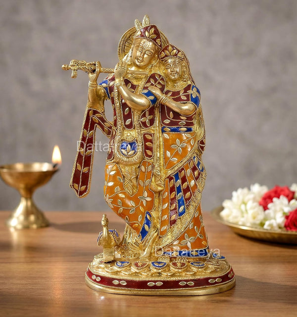 Brass Standing Radha Krishna Idol with Peacock Playing Flute (Height 12 Inches) (Multicolour)