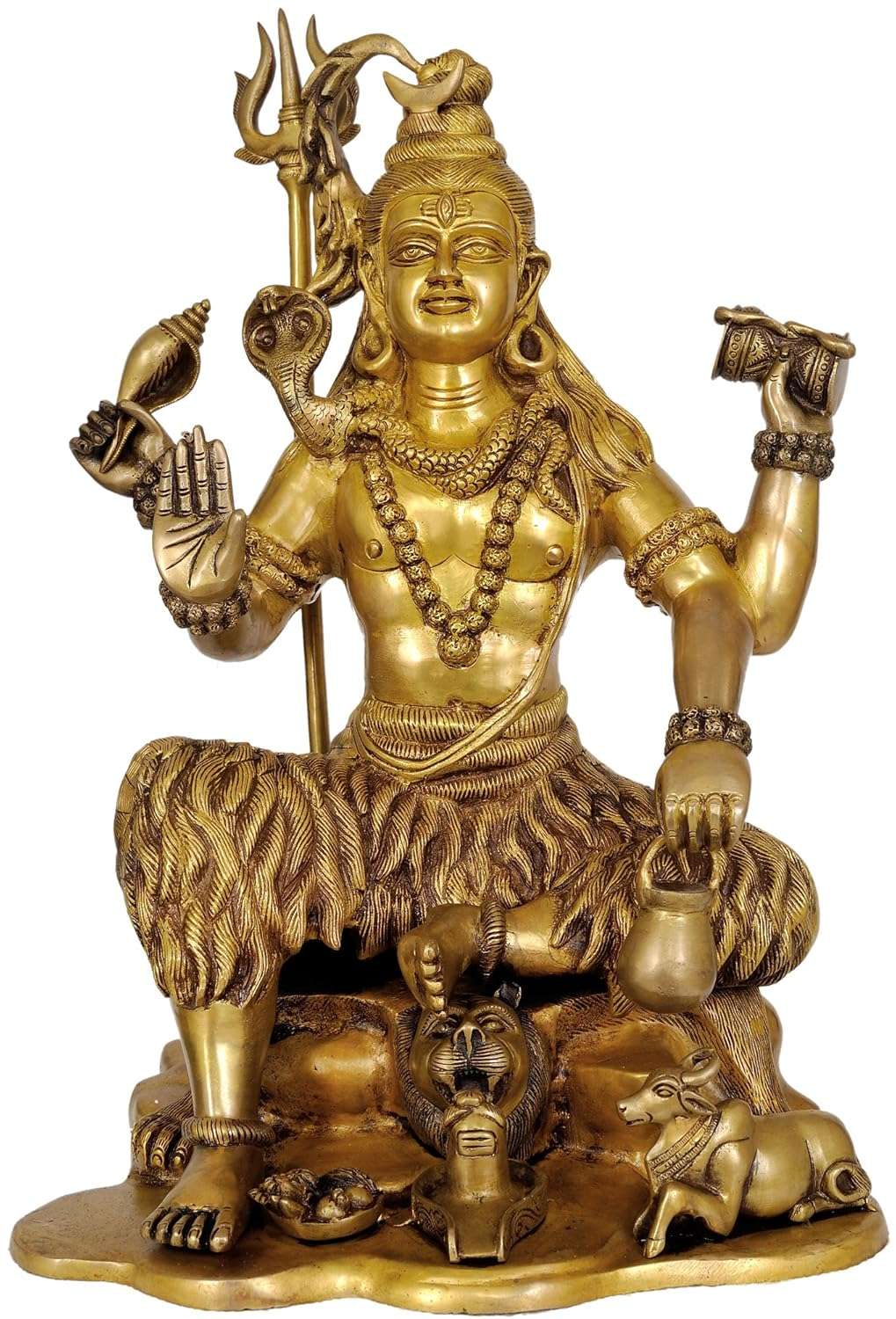 Brass Yogeshvara Shiva figure with trident, seated, ornate animals base