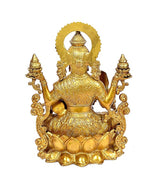 Brass Lakshmi Maa statue back view, round halo and lotus pedestal