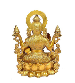 Brass Lakshmi Maa statue back view, round halo and lotus pedestal