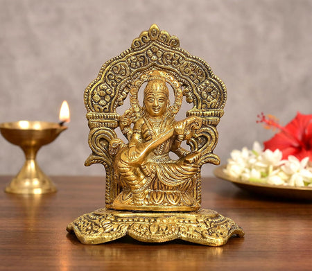Metal Goddess Saraswati Maa Seated Idol (Height :5 Inches)