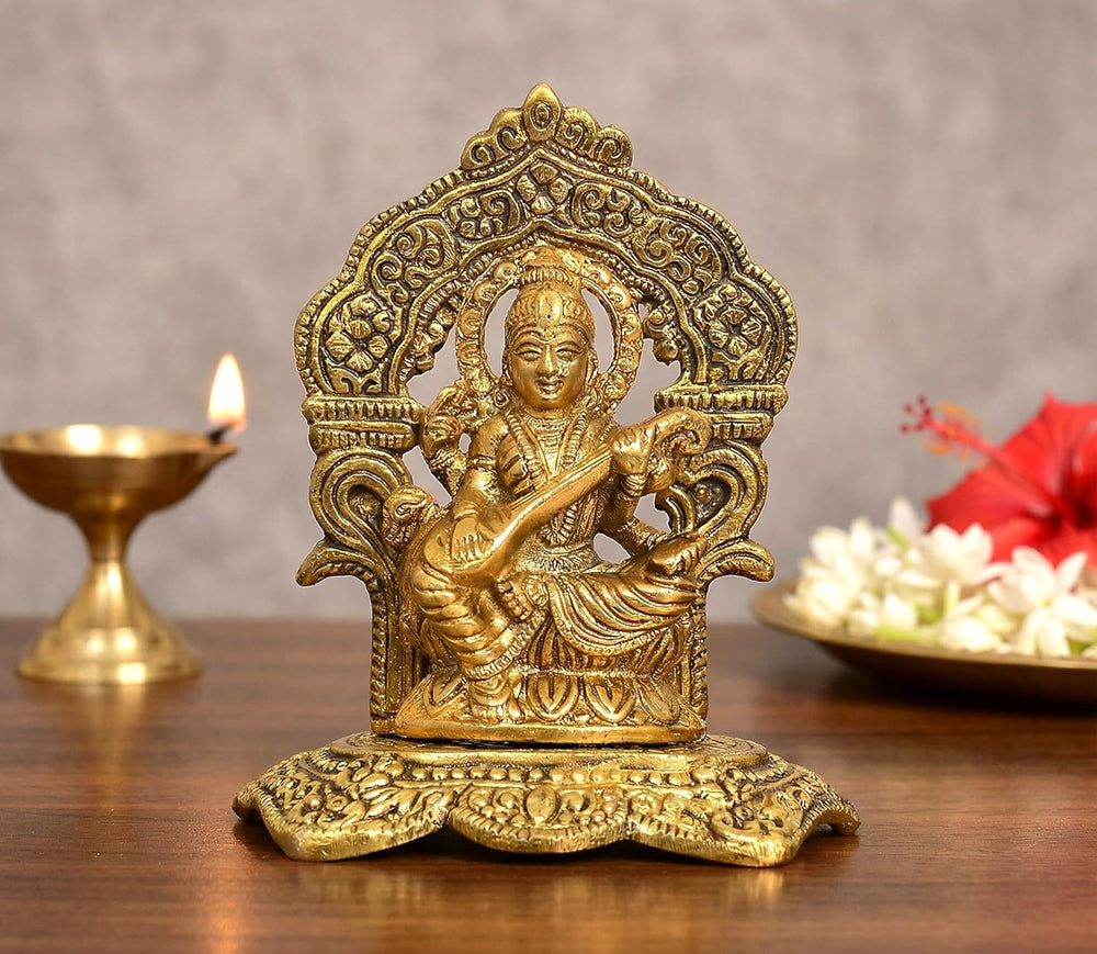 Metal Goddess Saraswati Maa Seated Idol (Height :5 Inches)