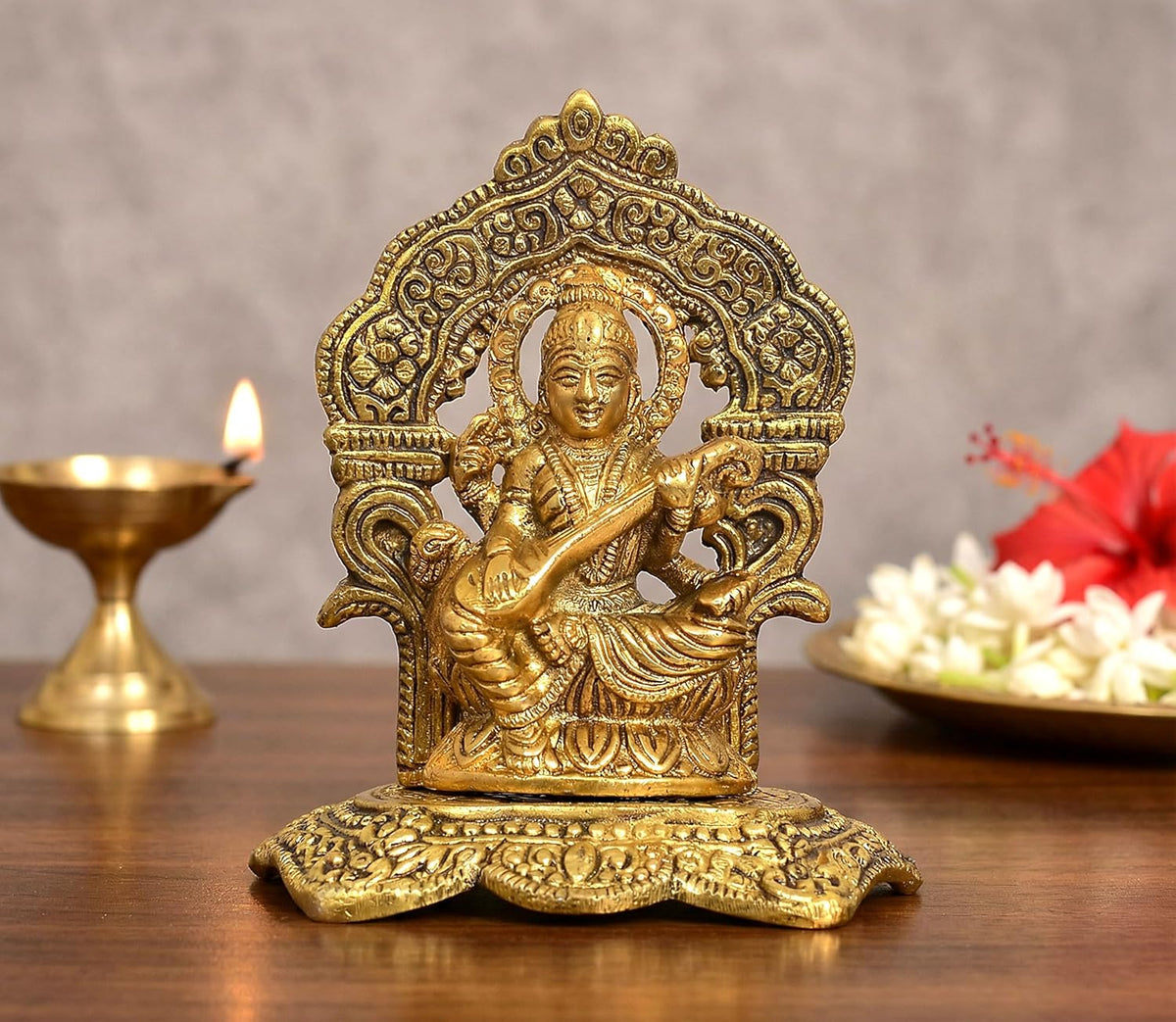 Metal Goddess Saraswati Maa Seated Idol (Height :5 Inches)