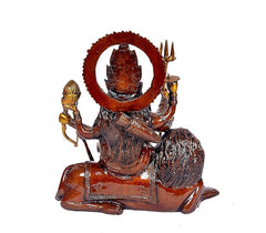 AONA brass Durga seated on lion, back circular halo and bow-like weapon, rear angle