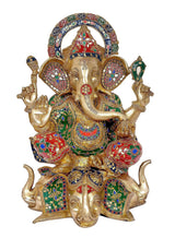 Ganpati brass statue seated on lotus with colorful enamel-like patterns and arched headpiece