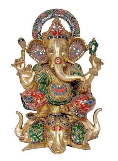 Ganpati brass statue seated on lotus with colorful enamel-like patterns and arched headpiece