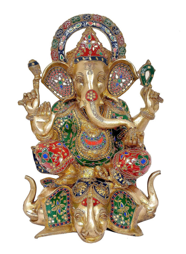 AONA Brass Ganpati Statue Idol Murti On Lotus for Home Decor Height : 17 inches