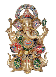 Brass Ganpati statue with crown halo, red and green jeweled patterns, trunk facing front