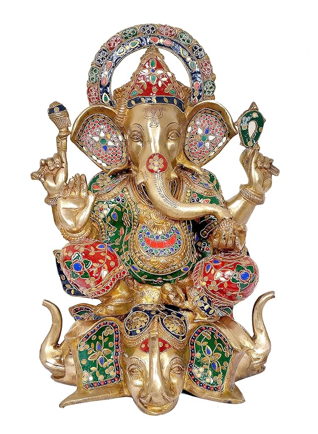 Brass Ganesha Ganesh GanpatiStatue Idol Murti On Lotus for Home Decor Height : 17 inches