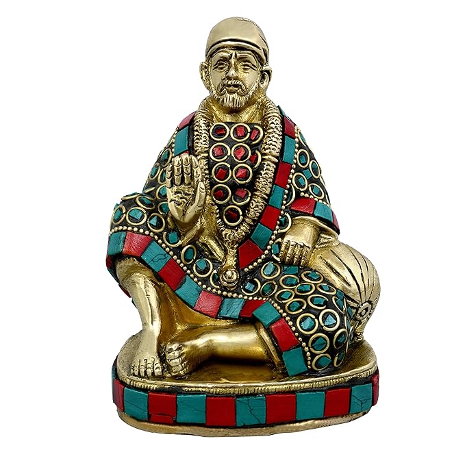 Sai Baba Brass idol seated, multicolour enamel jewelry and red-blue accents