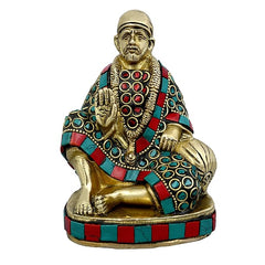 Sai Baba Brass idol seated, multicolour enamel jewelry and red-blue accents