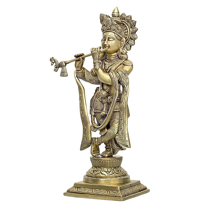 Brass Idol Krishna for Home Decor Height 13 Inch Craft Detail