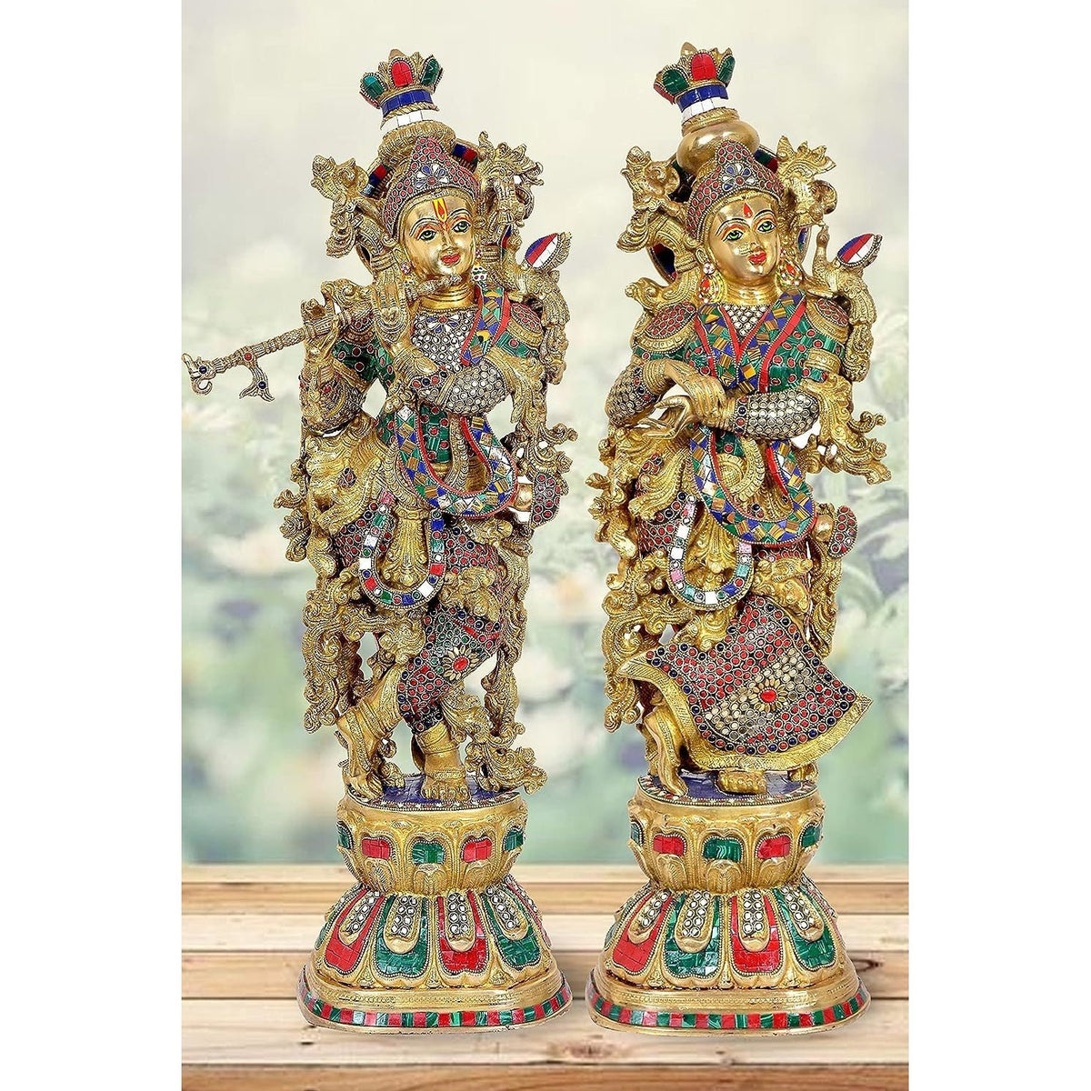 Radha Krishna brass statue with eye details, jeweled outfits; height 29 in