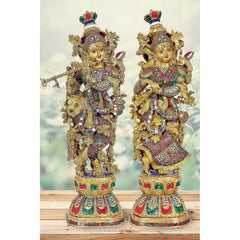 Radha Krishna brass statue with eye details, jeweled outfits; height 29 in