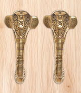Frontansicht: Messing-Türgriff-Paar mit Ganesha-Gesicht, goldfarben, Ornamentdetails