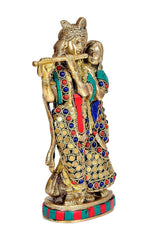 Brass Radha Krishna idol, stone work; front view with colorful gem and bead detailing.