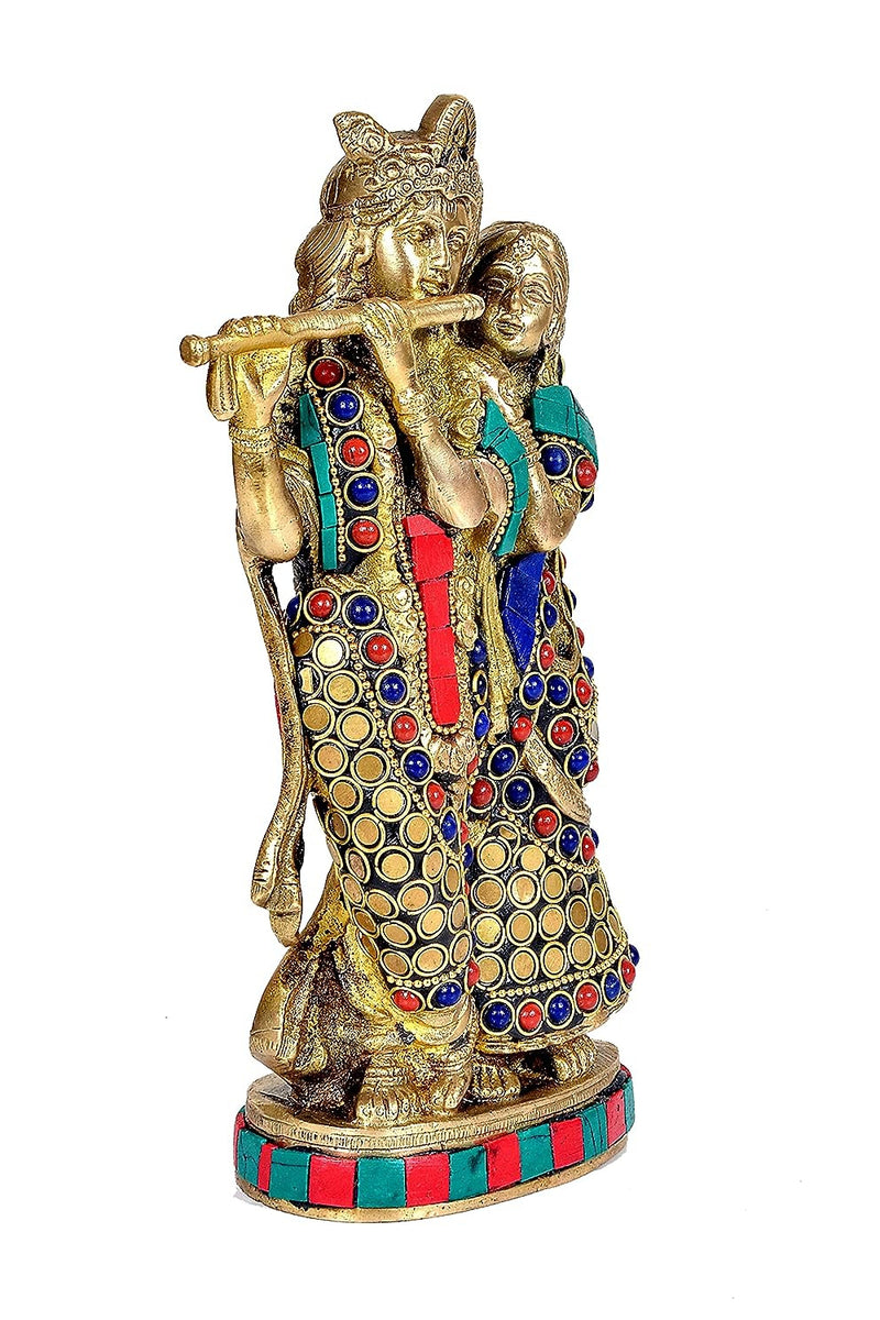 Divine Multicolour Brass Radha Krishna Idol with Exquisite Stone Work - 8.5 Inches