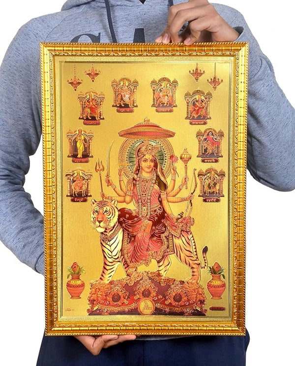 Maa Nav Durga Foil Poster with Frame Wall Decor Length 20 Inch X Width 14 Inch Study Setting